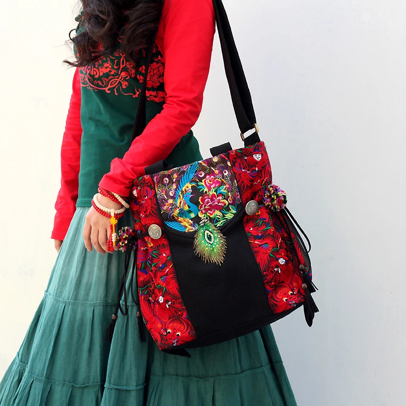 Bohemia canvas women bag handmade peacock feathers embroidered Ethnic bags Vintage shoulder messenger bags