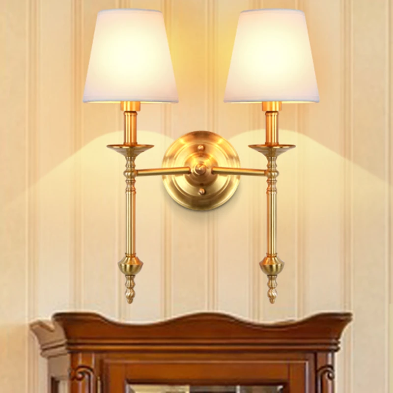 American Style 2 Arms Copper Wall Lamp E14 6W Led Light Traditional Bedroom Corridor Livingroom Teahouse Art Decorate Light