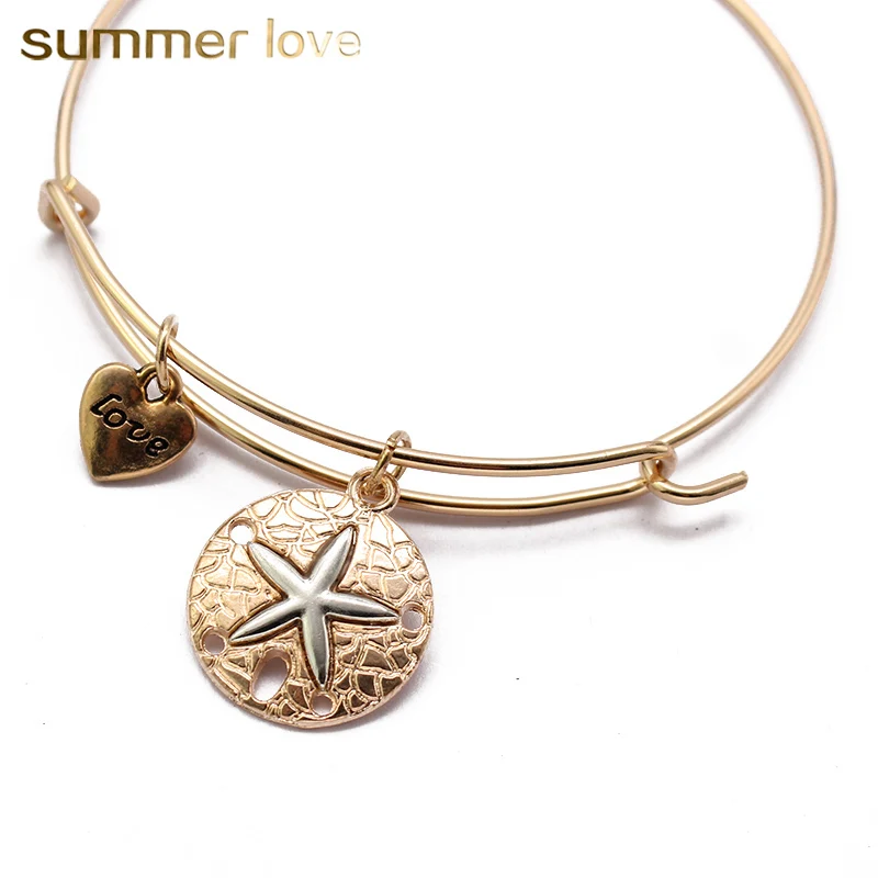 Fashion Starfish Love Heart Pendant Bracelet Adjustable Expandable Sea Star Wire Bangle Gold/Rose Gold Color Women Charm Jewelry