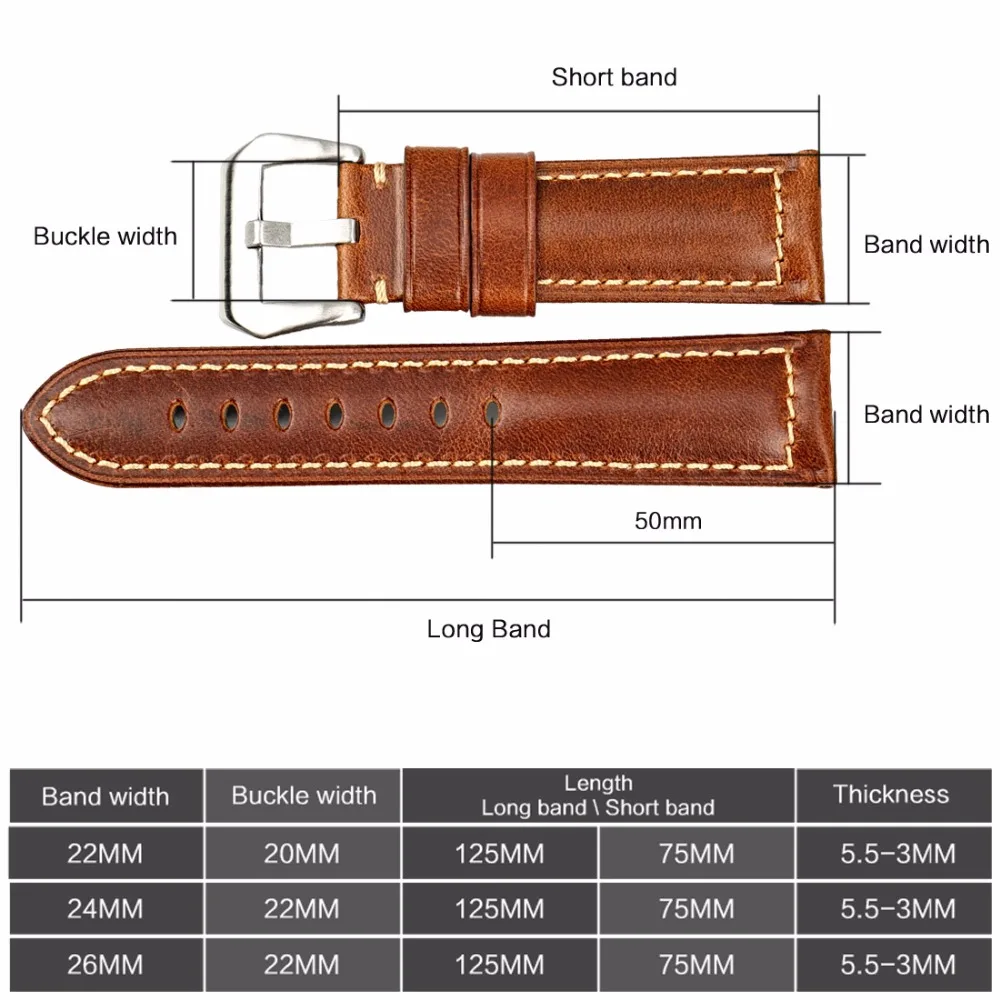 MAIKES High Quality Watchband Brown Vintage Oil Wax Leather Strap Watch Band 20mm 22mm 24mm 26mm Watch Accessories For Panerai