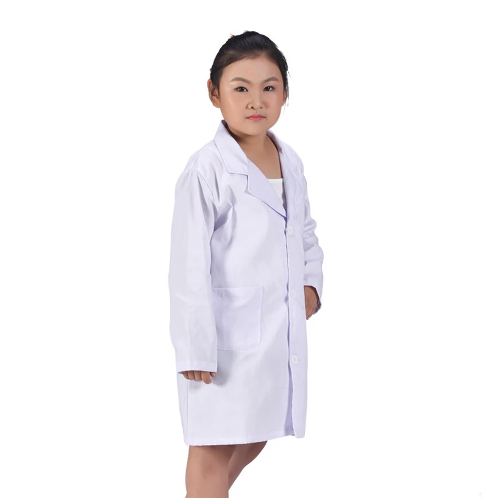 Children Unisex White Lab Coat Long Sleeve Pockets Uniform Work Wear Doctor Nurse Clothing Boy Girl White Pure Summer Spring