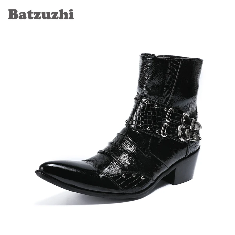 

Batzuzhi Western Boots Men Black Genuine Leather Mens Boots Pointed Toe 6.5cm Heels Cowboy Motocycle Boots Male Botas Hombre,U12