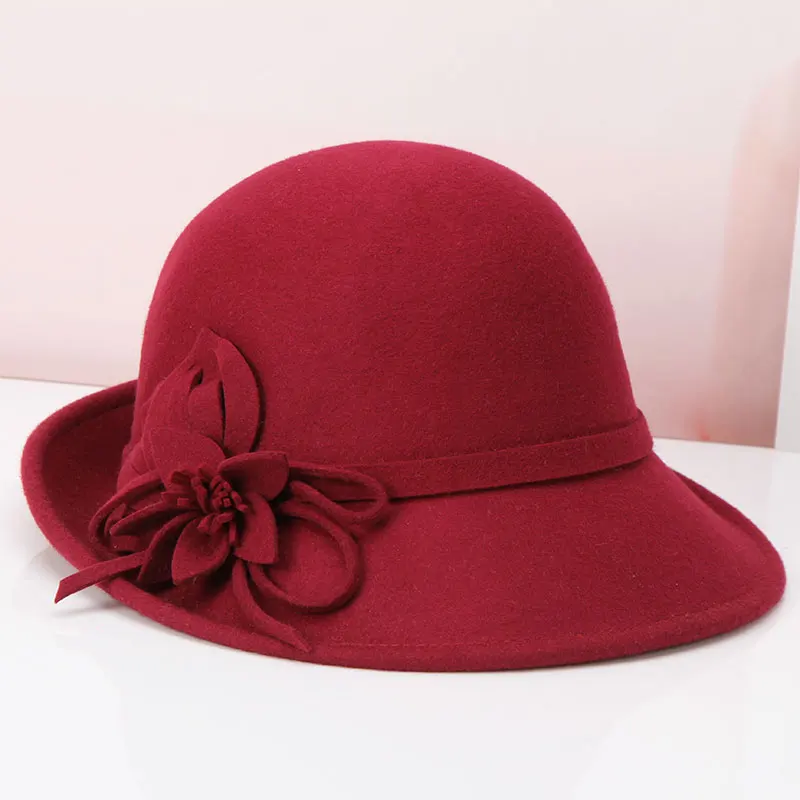 Lady Wool Fedoras Hat Girls Winter Warm Woolen Hat Girls Dome Elegant Flower Cap Woolen Basin Hat British Cap Adjustable B-8903