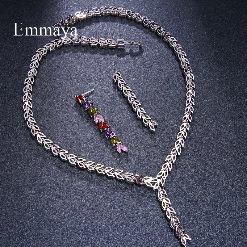 Emmaya Luxury Colorful Sparking  Cubic Zircon Drop Earring Necklace Heavy Party Jewelry Set Wedding Bridal Dress Gift