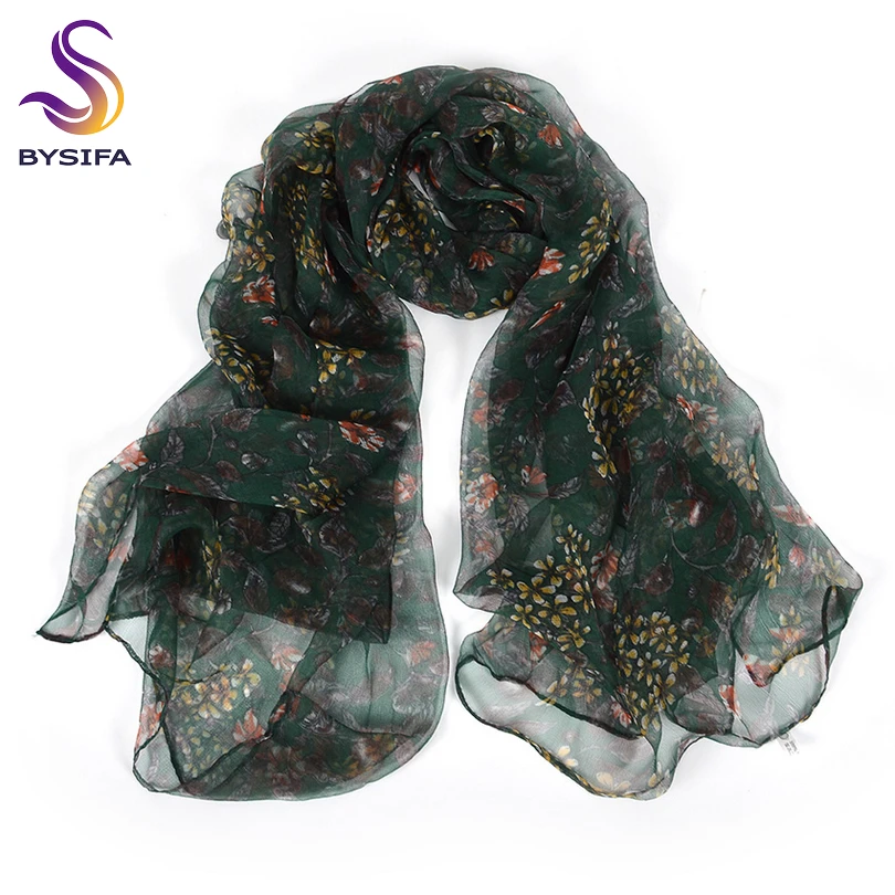 [BYSIFA] Green Silk Scarf Shawl Women Luxury Brand Fall Winter Long Scarves New Accessory Floral Design Neck Scarf Foulard Femme