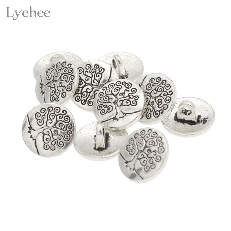 Lychee Life 10pcs Silver Metal Tree Carving Shank Buttons Round Carved Tree Jeans Button DIY Sewing Handmade Scrapbook Craft