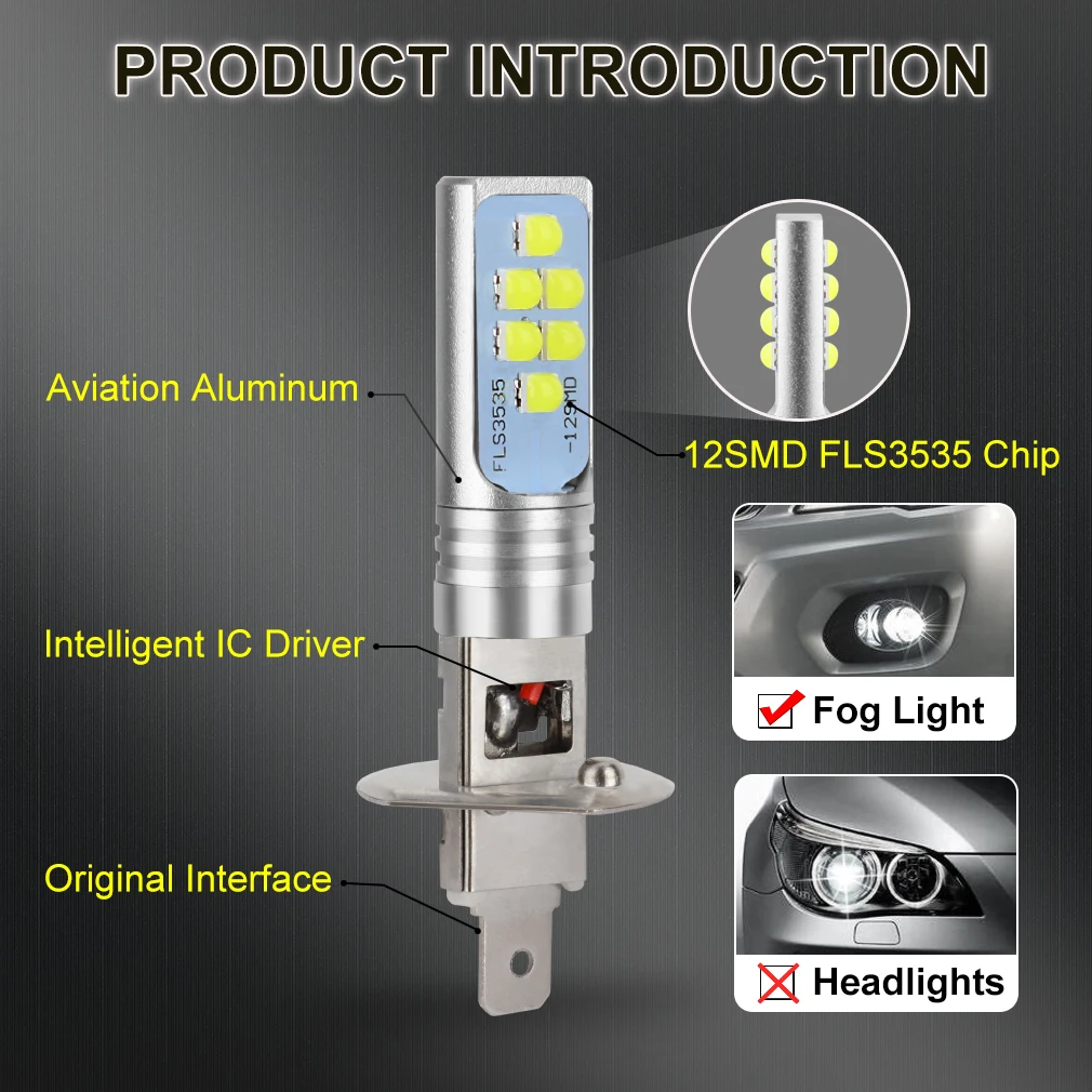 2Pcs H1 H3 LED Bulb Super Bright 12 3535SMD Car Fog Lights 12V 24V 6000K White Driving Day Running Lamp Auto