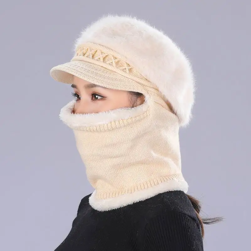 

Kagenmo Mother's Gift Rabbit Fur Knit Hat Face Neck Full Protection Female Winter Hat Cold Autumn Outdoor Keep Warm Cap