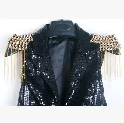 Women Sequins Fringed Suit Tuxedo Jacket Singer Rivet Jazz Dance Costumes