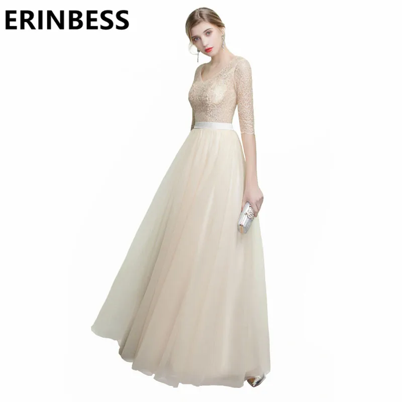 

New Custom Made A Line V Neck Half Sleeve Champagne Evening Dresses Vestido De Festa Long Floor Length Party Gowns