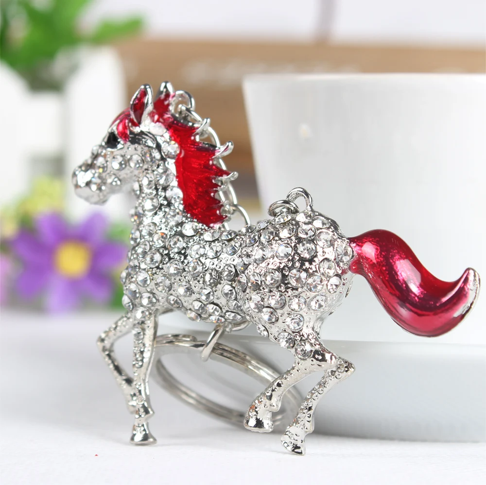 Lovely Red Horse Run Gallop Cute Crystal Charm Purse Handbag Car Key Keyring Keychain Party Wedding Birthday Gift