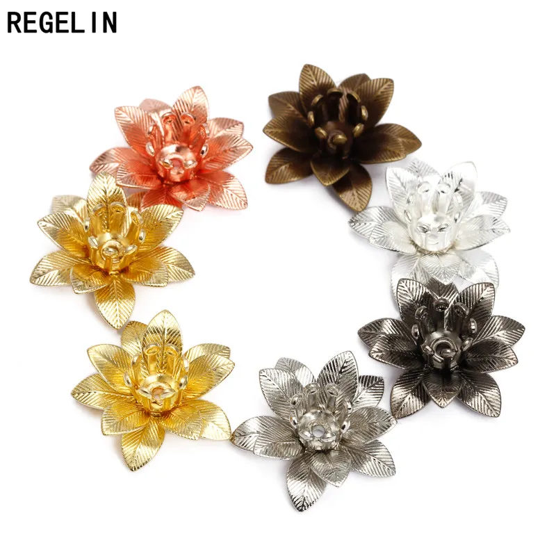 REGELIN 7 Colors Copper Filigree Flowers Base Connector 10pcs/lot Bead Cap Charms Setting 6*15mm For Jewelry Making Findings