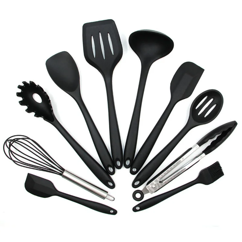 

Silicone Kitchen Utensils 10 Piece Cooking Utensil Set Spatula, Spoon, Ladle, Spaghetti Server, Slotted Turner. Cooking Tools