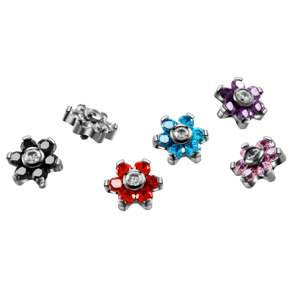 1PC G23 Solid Titanium Flower Crystal Micro Dermal Anchor Top Dermal Skin Diver Surface Piercings Hide Top Gauges BodyJewelry