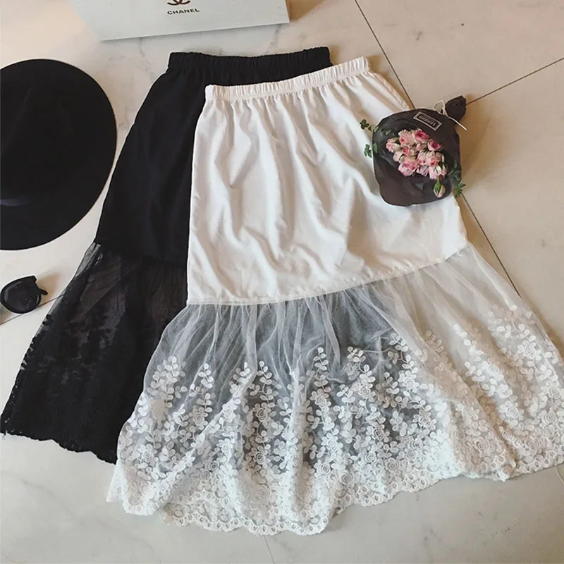 Lolita Women Lace Tulle Pleated Skirt Solid Color Lace Mesh Elastic Waist Embroidery Hollow Out Kawaii Slim Princess Skirts K050