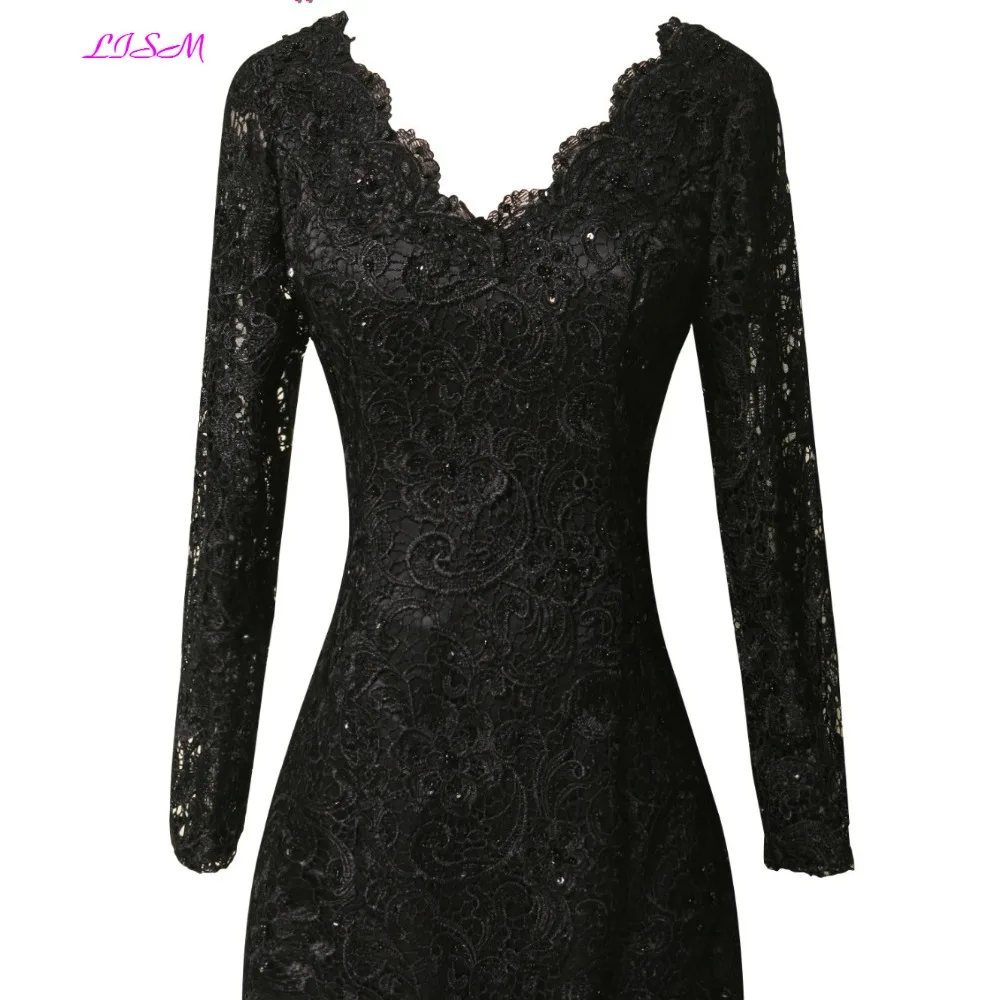 Black Lace Avondjurken V-hals Lange Mouwen Prom Partij Jassen Real Foto Applicaties Kralen Formele Jurk Robe De Soiree