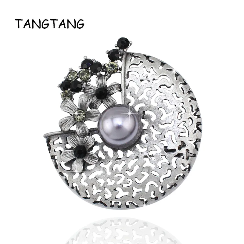 Retro Style Popular Fashion Men Women Handmade Gray Simulated Pearl Black Matte Plated Rhinestone Brooch Pin, Item NO.: BH8122