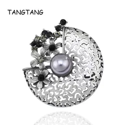 Retro Style Popular Fashion Men Women Handmade Gray Simulated Pearl Black Matte Plated Rhinestone Brooch Pin, Item NO.: BH8122