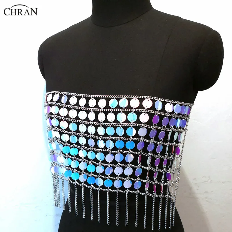 Chran Sequins Beads Crop Top Chain Rave Crystal Choker Necklace Halter Bra Bralette Bikini Wear Party Festival Sexy Body Jewelry