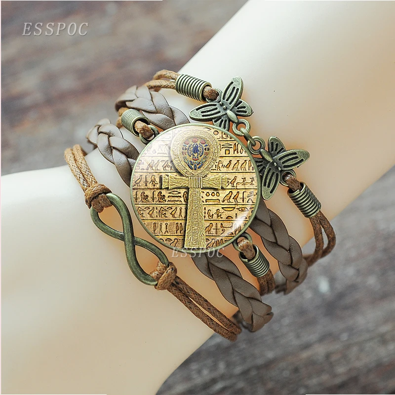 Egyptian Ankh Cross Bracelet Vintage Ancient Egypt Anubis Scarab Goddess Retro Brown Multilayer Leather Bracelet for Men Women