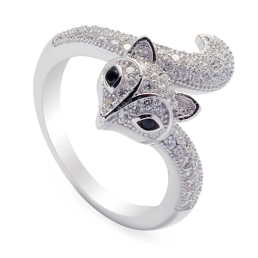 Eulonvan Cute Engagement Wedding Rings For Women 925 Sterling Silver Fox Animal White And Black Cubic Zirconia S-3742 Size 6 7 8