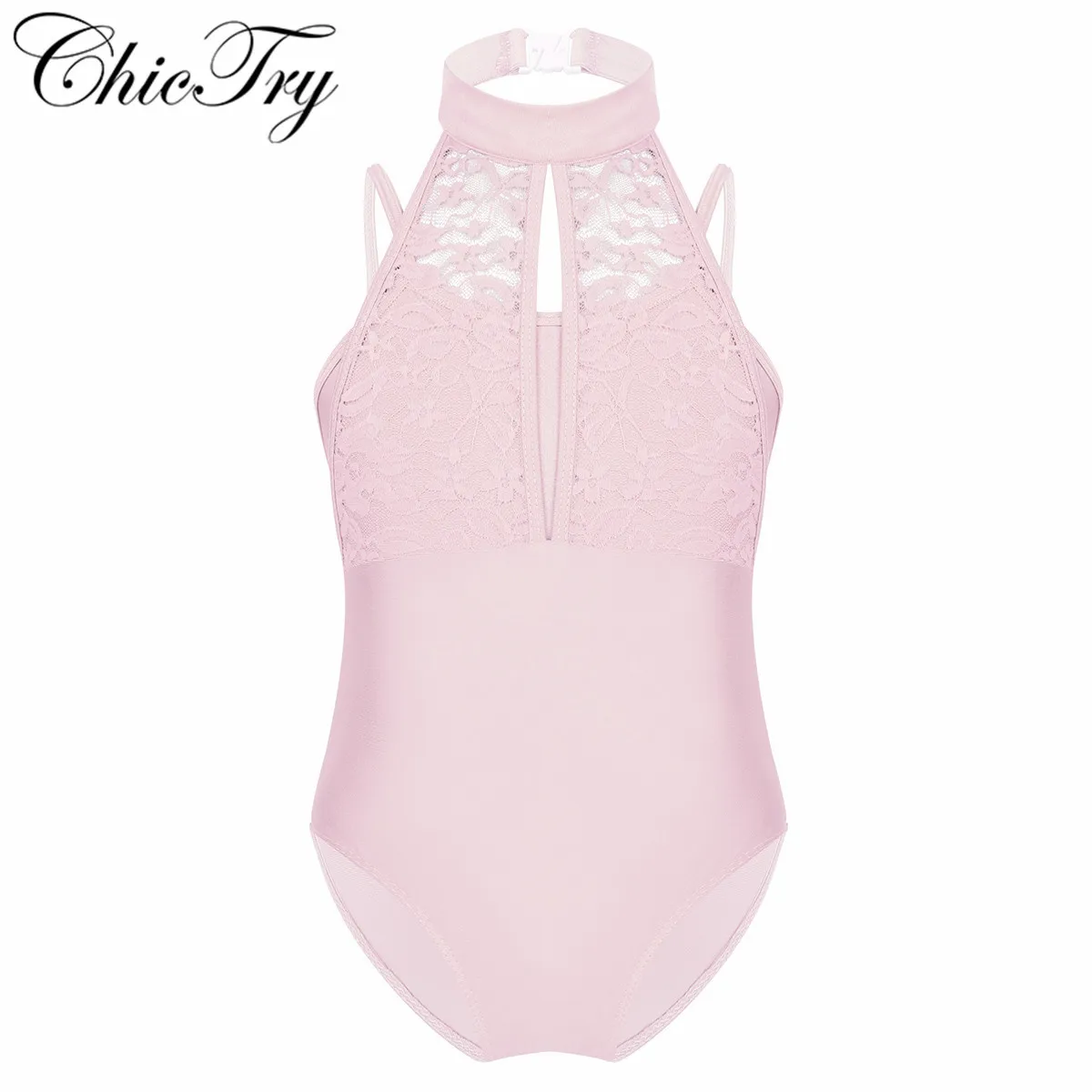 

Little Kids Girls Spaghetti Shoulder Straps Turtle Neck Lace Overlay Bodice Ballet Dance Gymnastics Leotard Jumpsuit Romper