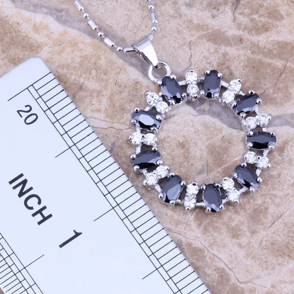 Terrific Black Cubic Zirconia White CZ Silver Plated Jewelry Sets Earrings Pendant Ring Size 6 / 7 / 8 / 9 / 10 / 11 / 12 S0145