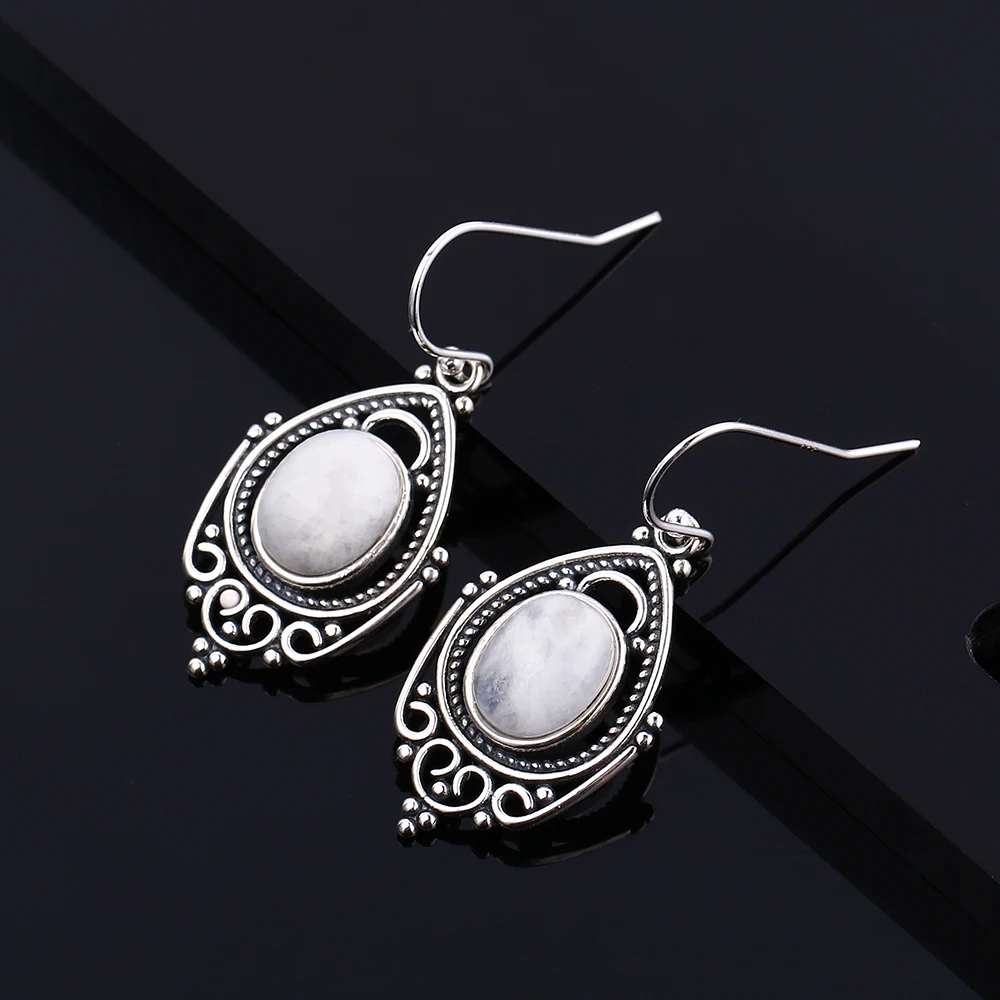 2019 New Listing Sterling Silver Earrings Fashion Retro Texture Large Oval 8X10MM Natural Moonstone Earrings Wedding Party