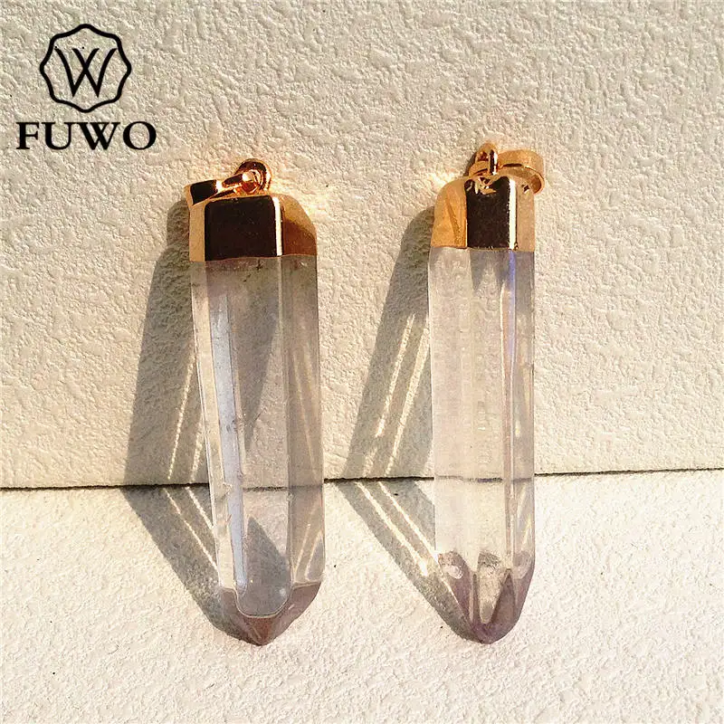 FUWO Wholesale Aura Crystal Quartz Point Pendant, Golden Plated Natural Semi-precious Stone Accessories For Jewelry Making PD074