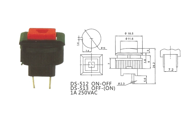 NS169 DS-513 2 pin Momentary OFF-(ON) 1A250VAC square push button switch