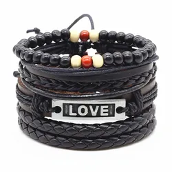 4pcs/set Handmade Fashion Trendy Vintage Handmade Wood Bead Charm Men Leather Bracelet For Women Jewelry Accessory