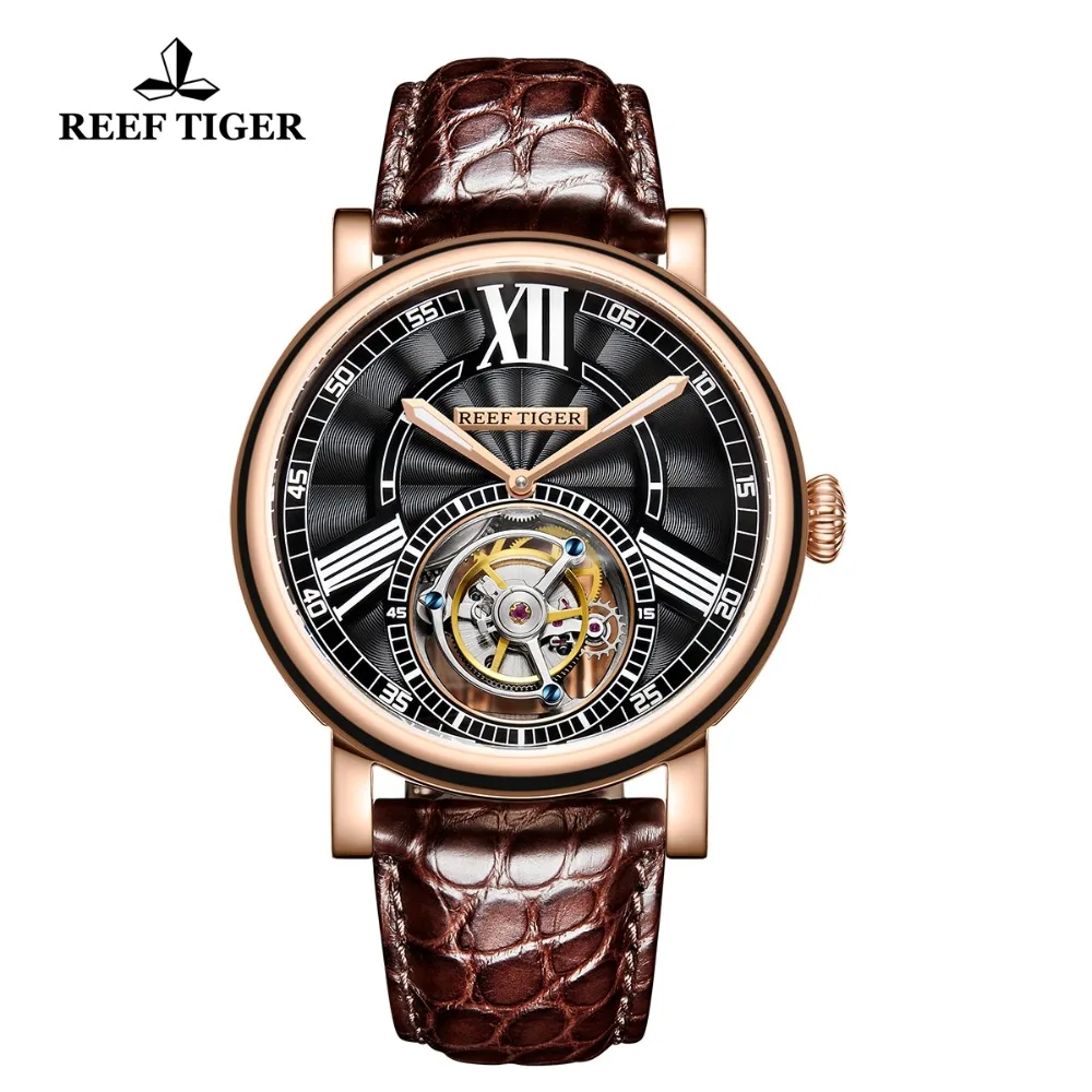 Reef Tiger/RT Luxury Casual Watches for Men Brown Alligator Strap Rose Gold Tourbillon Automatic Clock RGA1999