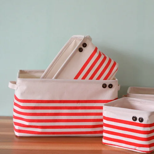 Pink/Blue Navy Stripe With Handle Crown Linen Zakka Vintage Storage Laundry Basket Fold S/M/L/XL