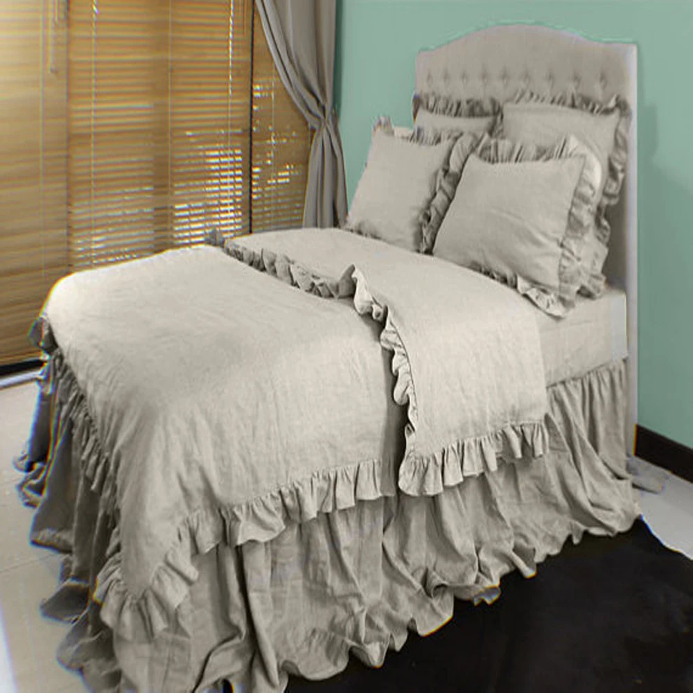 Gray Washed Linen Duvet Cover French Ruffled Linen Bedding, Natural Bed Cover Full 173x230cm