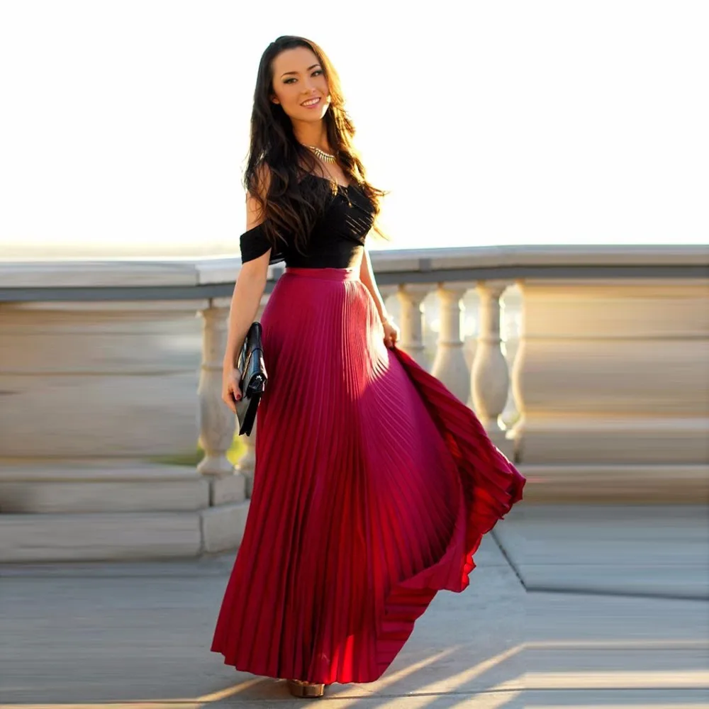 Wine Red Pleated Skirts Custom Made Zipper Waist A Line Floor Length Maxi Skirt Chiffon Long Skirt