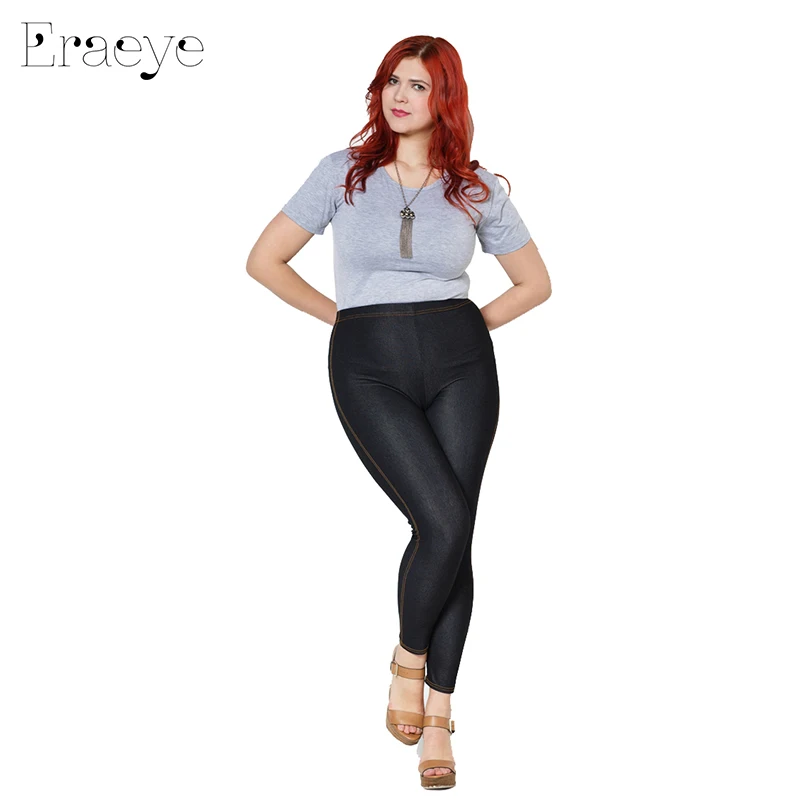 Eraeye senhora calças de brim do falso nona tamanho grande 5xl alta elástica magro preto azul denim sexy hip lápis meados da cintura leggings