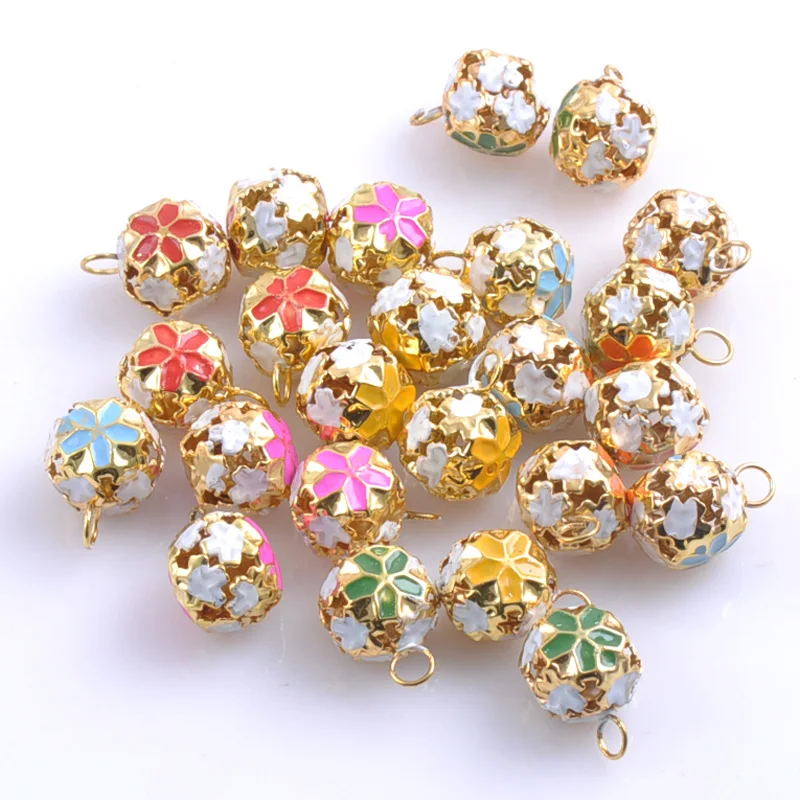 30pcs/lot Colorful Jingle Bells Gold Plated Flower Shaped for Party Christmas Decoration Handmade Accessories 14mm CP0584