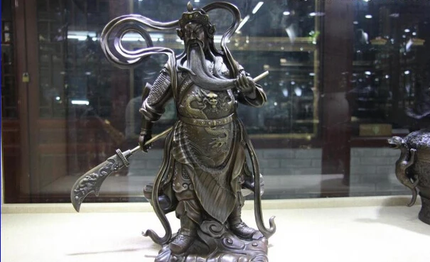 

song voge gem S1081 China Pure Bronze Copper Dragon Guan Gong Guan Yu Warrior God Hold Sword Statue