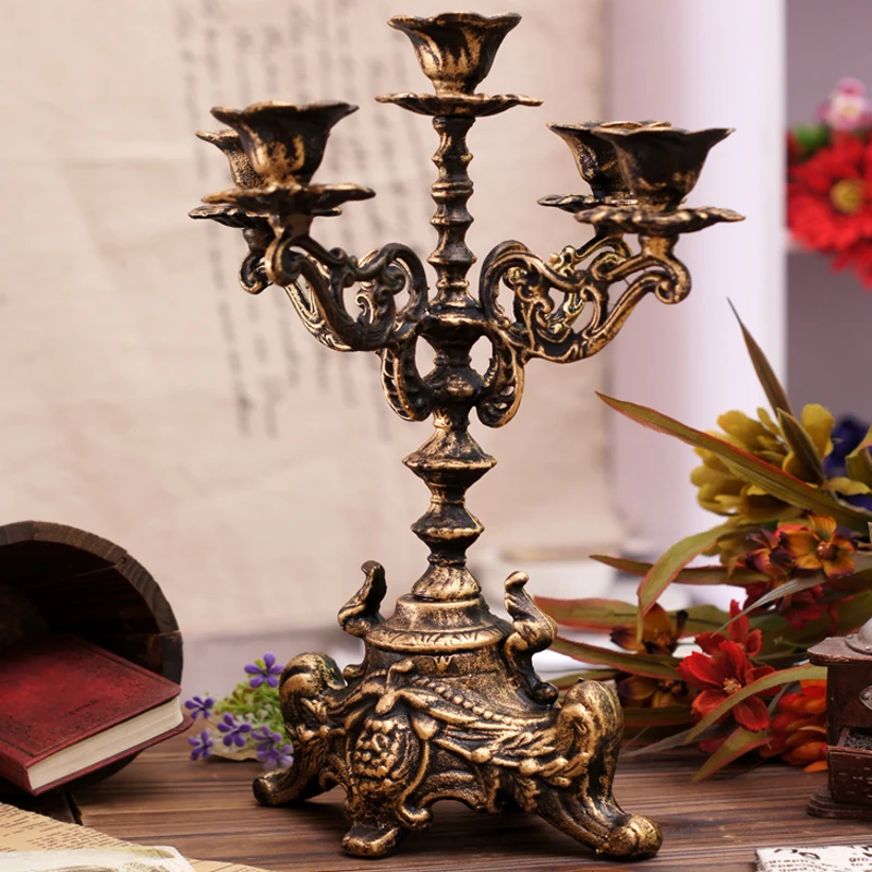 European Antique Gold Home Wedding Decor Tabletop Cast Iron Five Cups Sticker Candle Holder Retro Metal Candelabra Center Piece