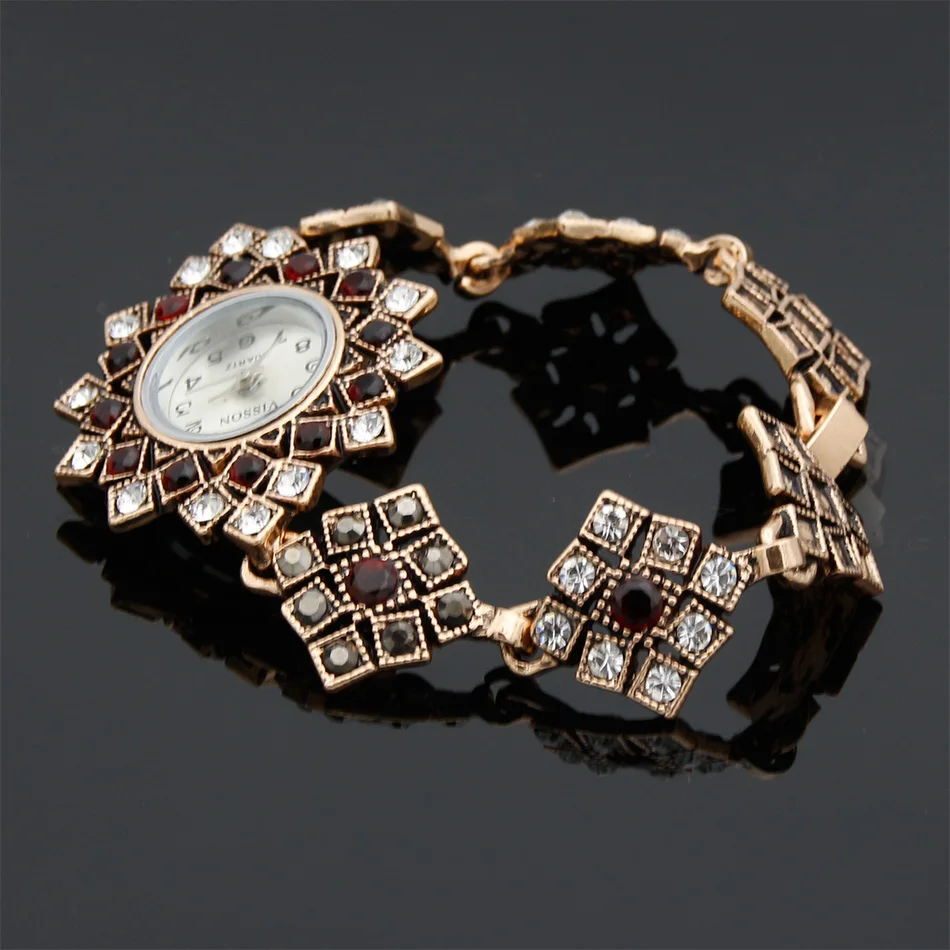 New Turkish Women Crystal Bracelet Wrist Watch Antique Gold Color Quartz Watch Resin Jewelry Bohemia Festival Gift SUNSPICE MS.