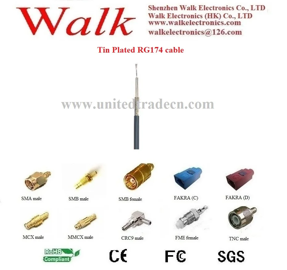 Hochwertige RG174 kabel für SMA, FME, FAKRA steckverbinder, verzinnt RG174 koaxialkabel, 80 drähte braid rg174 kabel, 50ohm