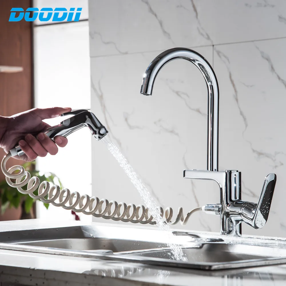 Spring Style Kitchen Faucet Brushed Nickel Faucet Pull Out All Around Rotate Swivel 2-Function Water Outlet Mixer Tap Torneira