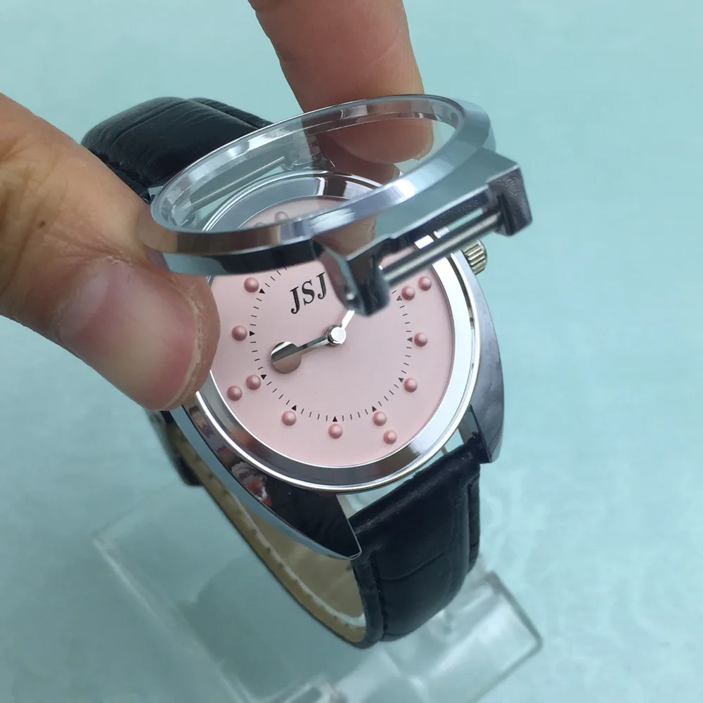 Relógio Tátil Para Deficiência Visua, Mostrador Rosa, Pulseira De Couro Preto