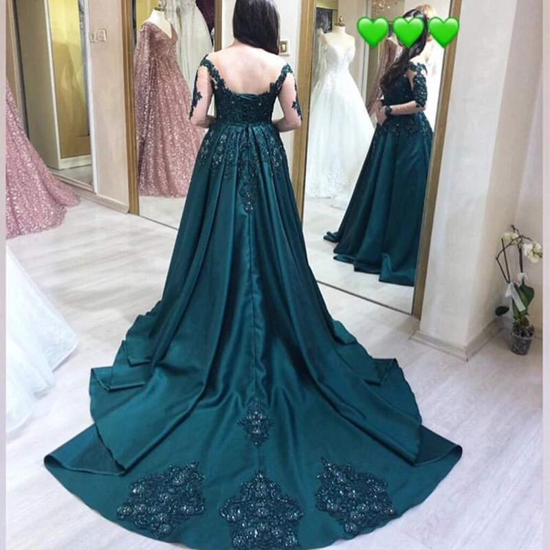 2019 Dark Green Prom Dresses With Long Sleeves Appliques Beaded Special Occasion Party Dress Chapel Train Royal Formal Prom Gown