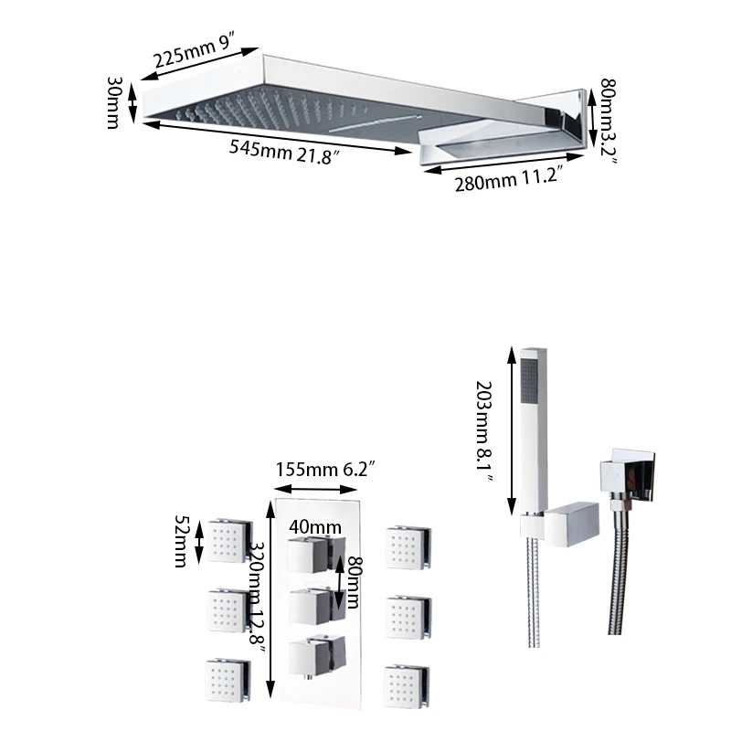 Monite Soild Brass Rainfall Waterfall Head Chrome Polished Bathroom Hand Shower Set Faucet 6pcs Body Massage Spray Jets Tap