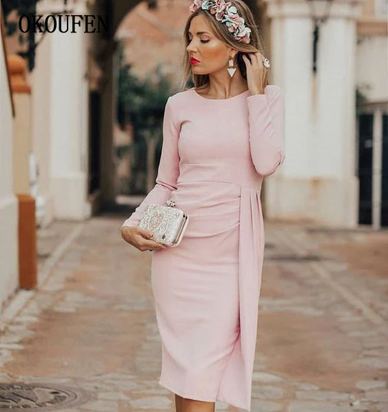 

Simple Short Mother of the Bride Dresses for Wedding 2024 Knee Length Long Sleeve Draped Pink Pencil vestido de madrinha farsali