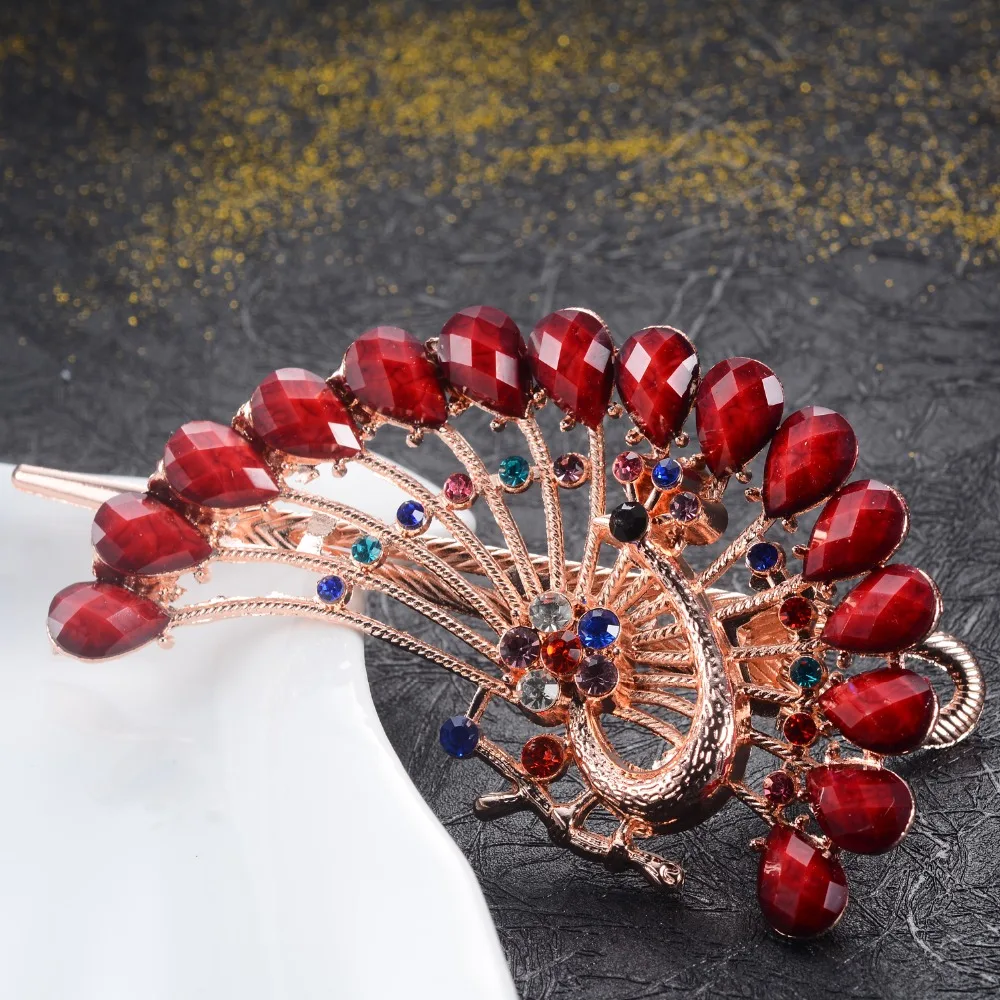 Gold-color Vivid Peacock Hairpins With Rhinestone Resin Crystal Barrettes Hair Jewelry Hair Crab Clips Wedding Hair Accessories