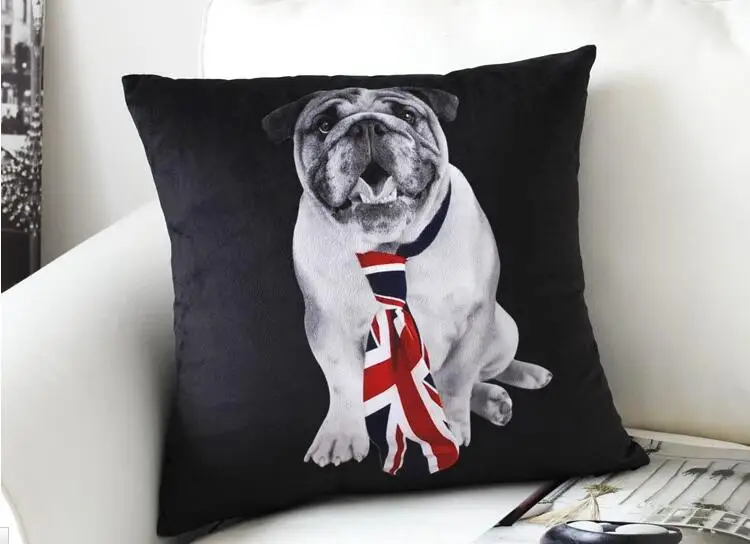 Geeky Bulldog Pillow Case Velvet Bulldog Union Jack Tie Cushion Cover Black Decorative Animal Car Cushion Case Peg Gift Decor