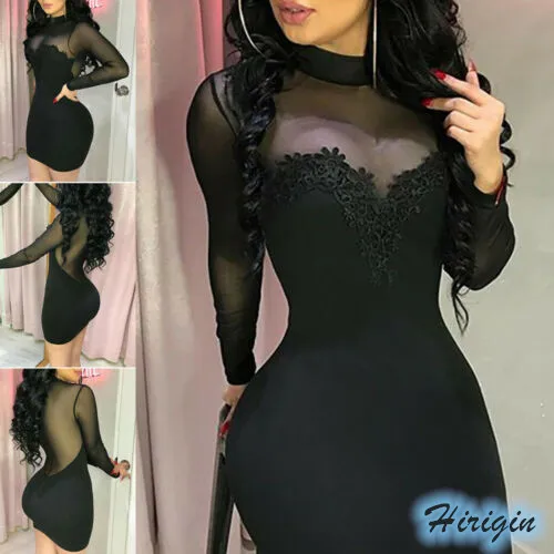 Summer Dresses 2019 New Summer Women Sexy Black Lace Long Sleeve Turtleneck See-Through Mesh Patchwork Short Skinny Dress