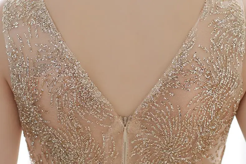 BANVASAC – robe de soirée longue en dentelle et Tulle, col en V, paillettes dorées, style sirène, avec ceinture et nœud papillon, Vintage, 2018